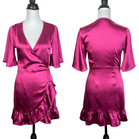 Lulu’s | NWT Magenta Ready for Romance Mini Satin Wrap Dress *RE-ATTACH BUTTONS* - Picture 3 of 12